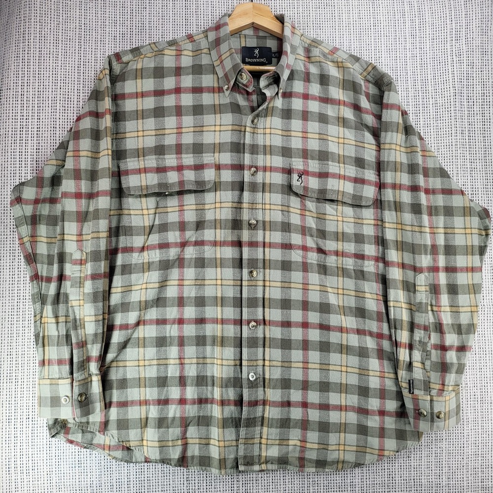 Browning Shirt Mens XL Green Gray Plaid Flannel Button Long Sleeve Hunting Gear